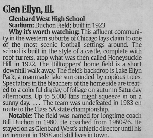 USA TODAY 10/25/01 10 great places to watch a high school football game