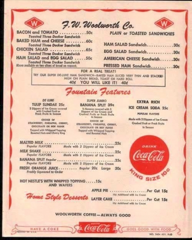 1950s menu from F W Woolworth-down town Main Street